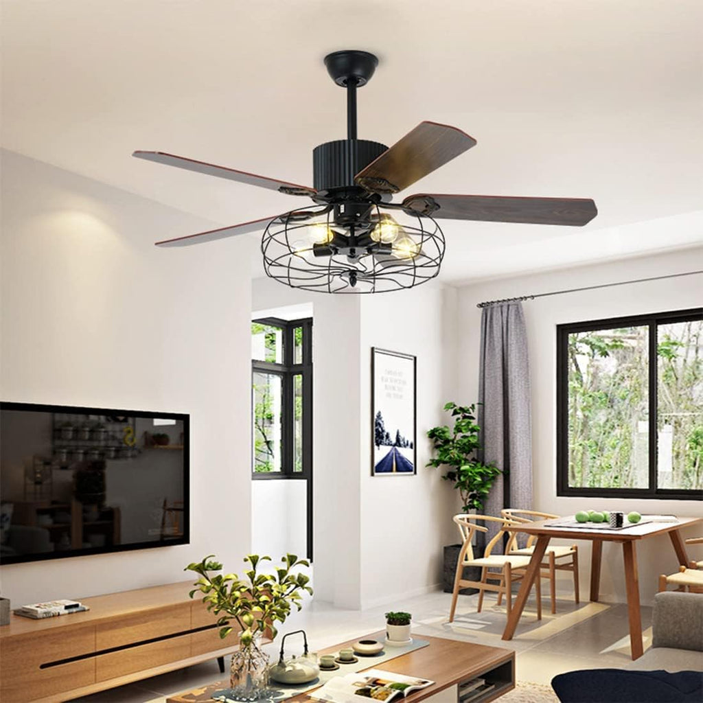 Black Industrial Ceiling Fan with Light and Remote, 5 Wood Blades, 5-Lights E26 B75632