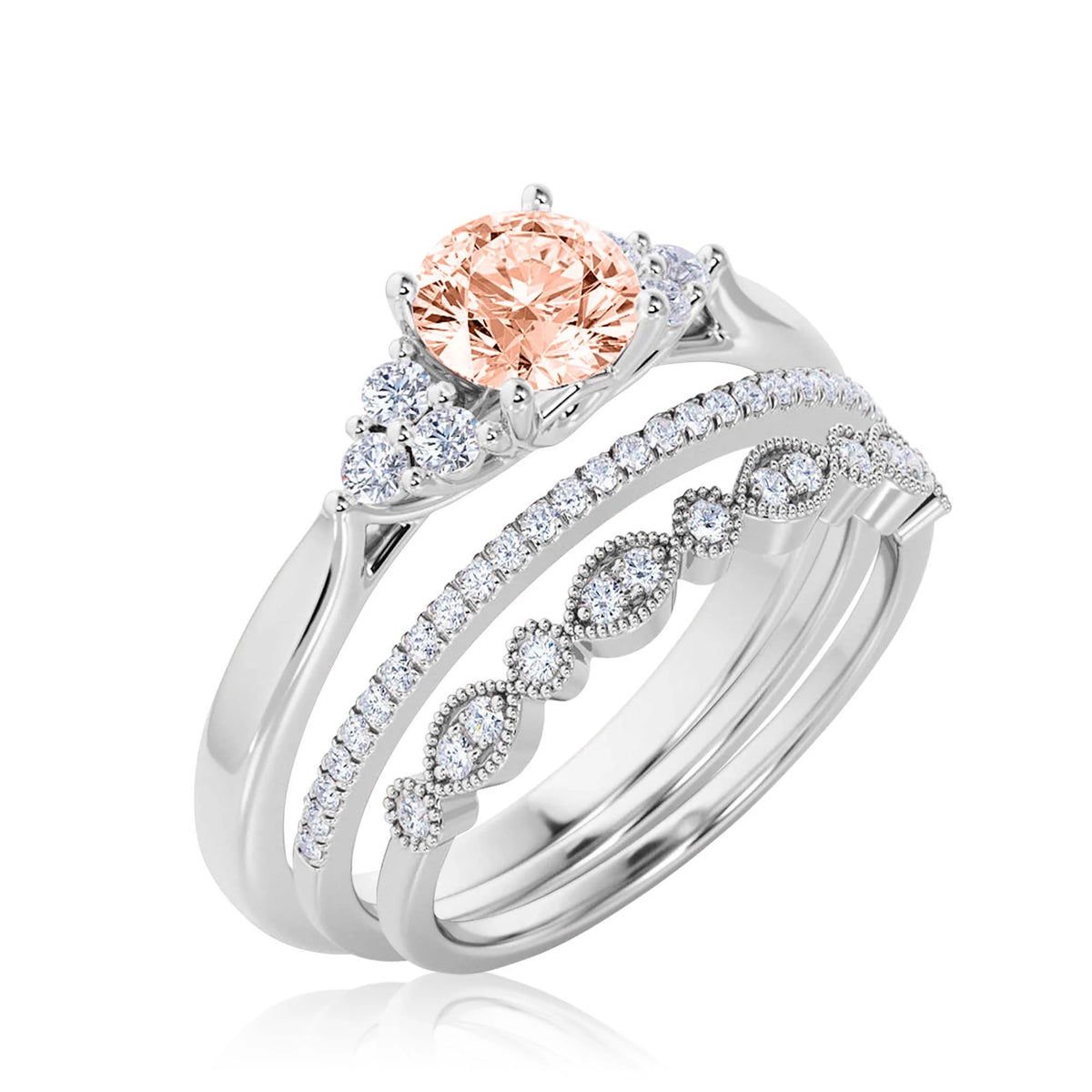 2.25 Carat Round Cut Morganite And Diamond Moissanite Engagement Ring in 10k Solid White Gold Z504