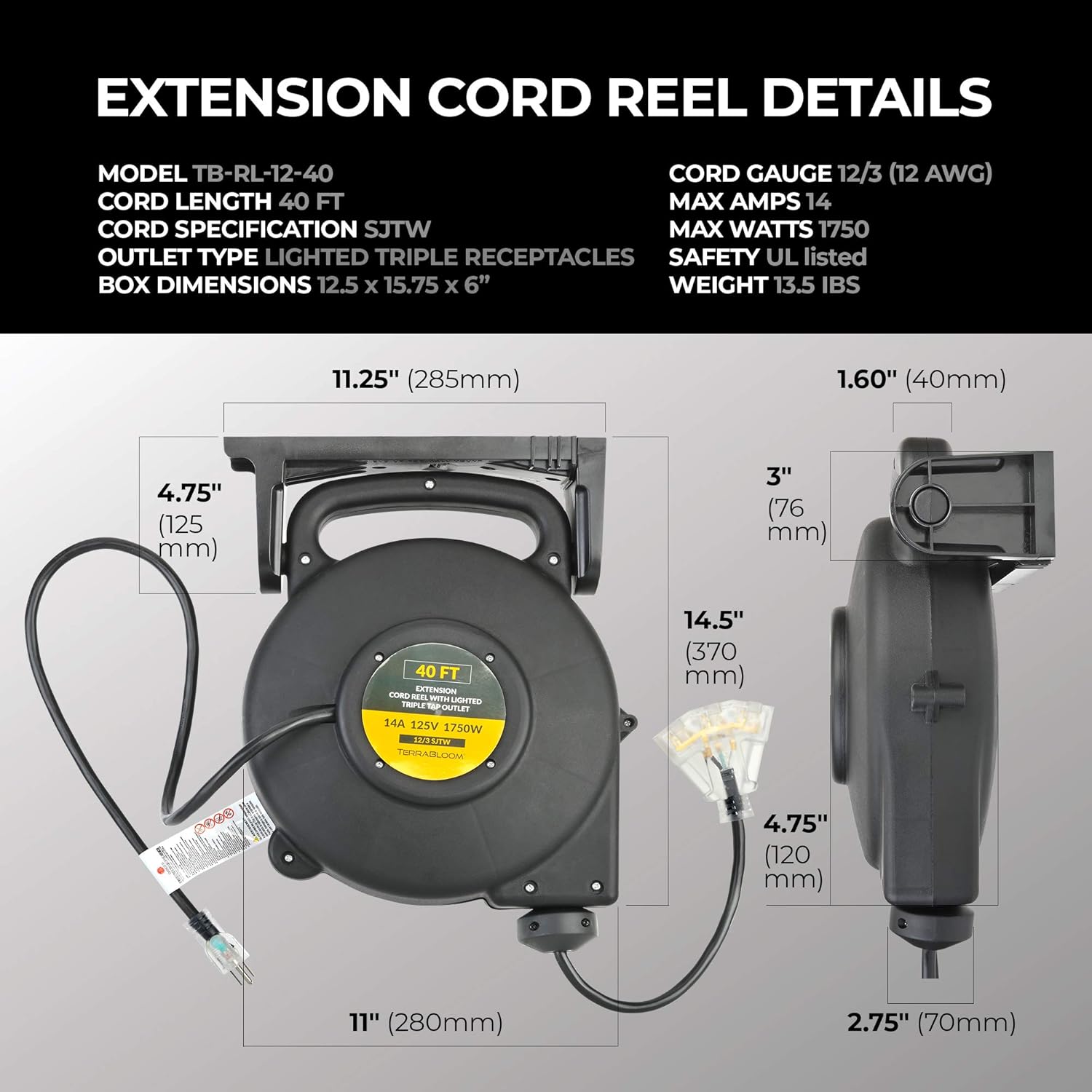 45 Ft Retractable Extension Cord Reel with 3 Electrical Outlets Heavy Duty Yellow Case Black Cable W974283