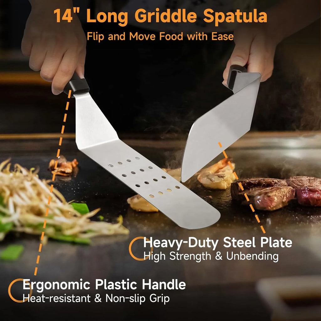 7 Pcs Griddle Accessory Set with Heat-Resistant Spatulas, Scraper, Squeeze Bottles, Egg Rings E2159