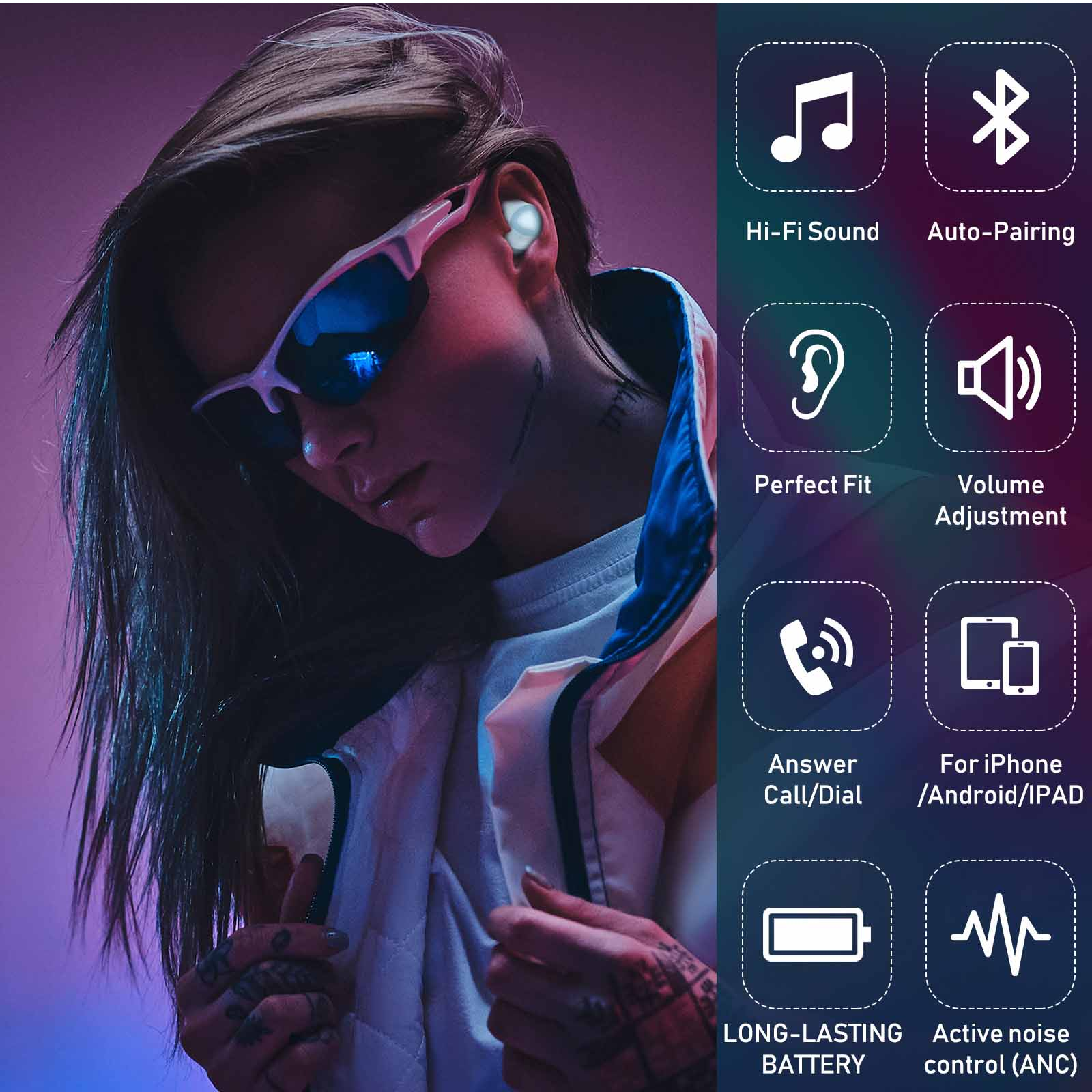 Blue True Bluetooth Wireless Earbuds with Active Noise Cancelling K385