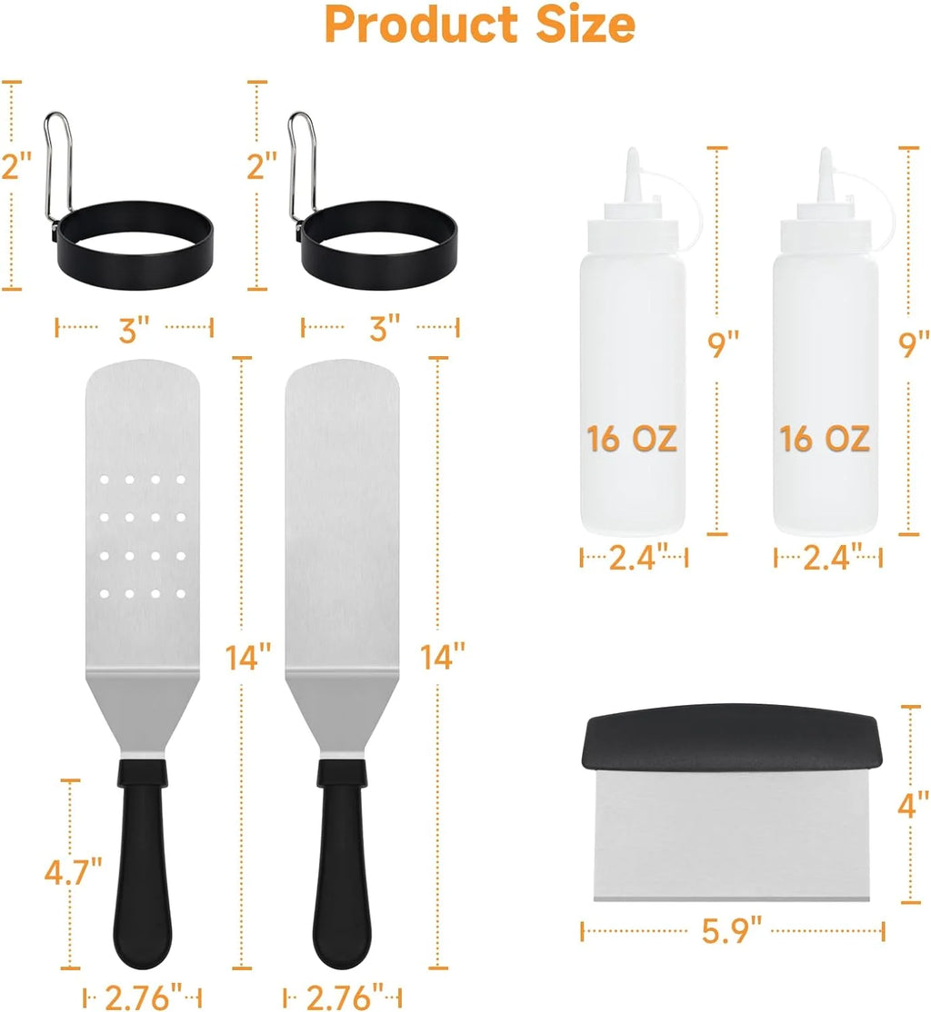 7 Pcs Griddle Accessory Set with Heat-Resistant Spatulas, Scraper, Squeeze Bottles, Egg Rings E2159