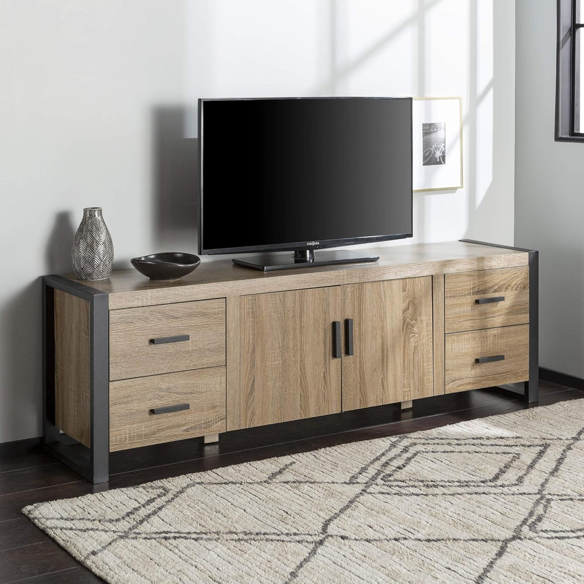 70 Inch Charcoal Wood TV Stand with Cabinet Doors E16764