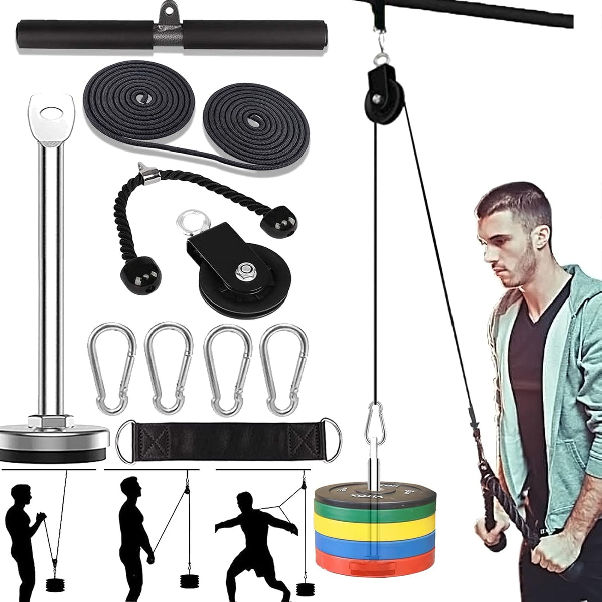 Weight Cable Pulley System Home Gym Equipment Upgraded Fitness LAT Pull Down, Biceps Curl, Back, Forearm, Shoulder Pack of 2 F2063