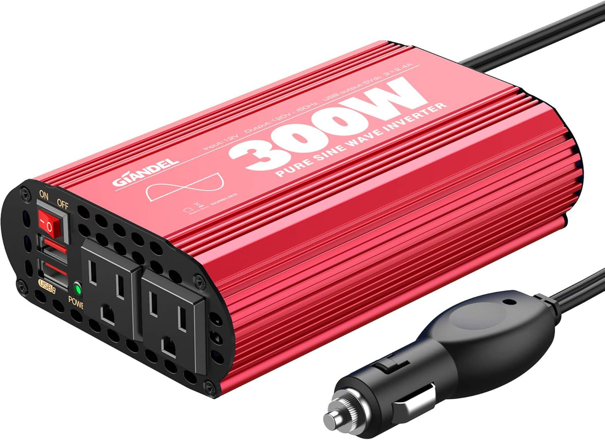 300Watt Pure Sine Wave Power Inverter 12V DC to 120V AC with 4.8A Dual USB and 2 AC Outlets G2088