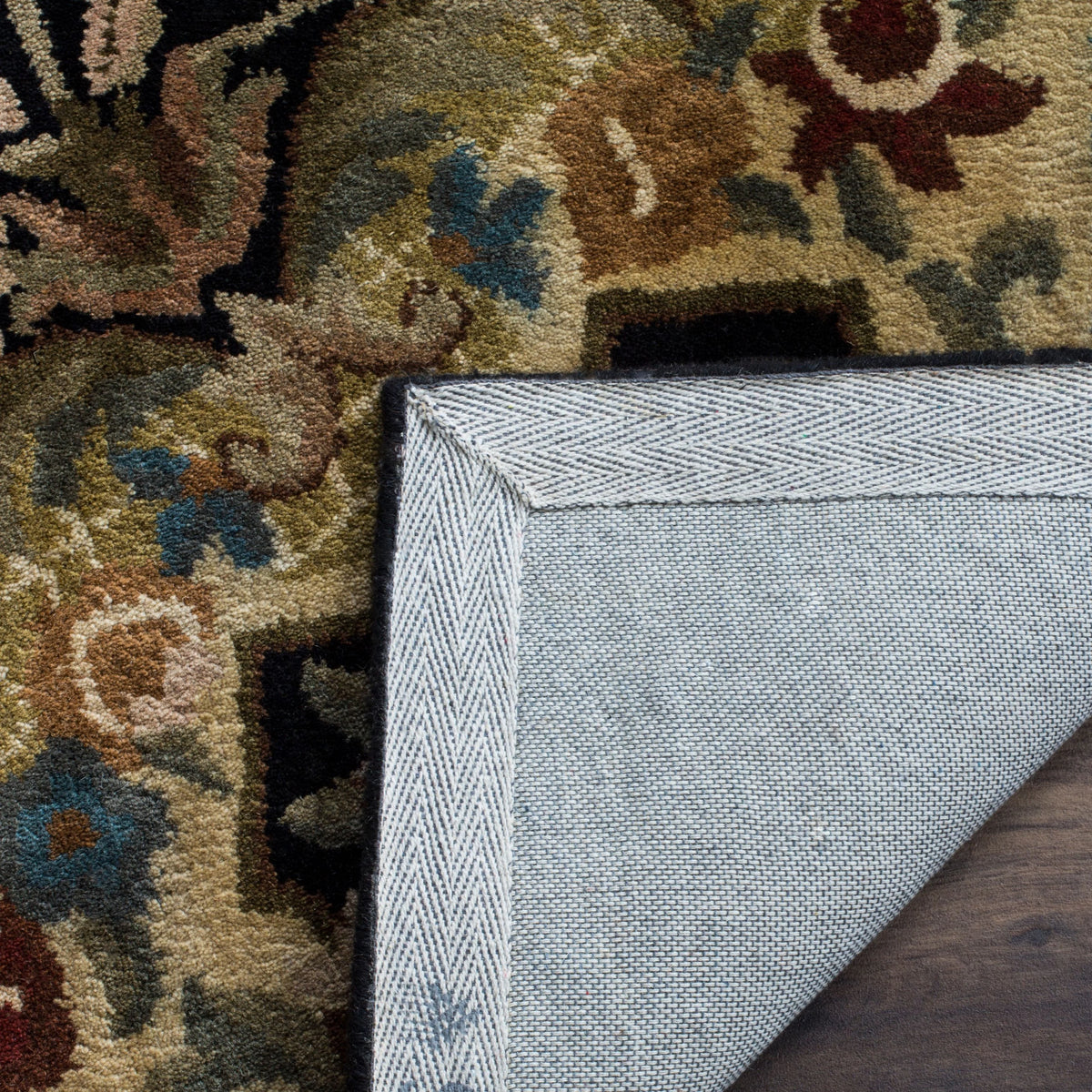 Floral Bordered Wool Area Rug, Black/Gold, 7'6" x 9'6" Y907