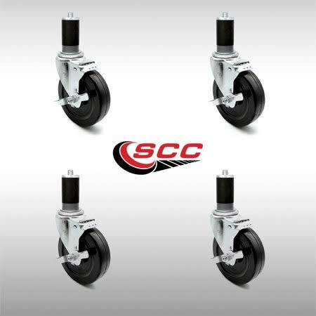 Stainless Steel 5 x 1.25 inch Hard Rubber Wheel Swivel Casters with Expanding Stem with Brake, Set of 4 U12972