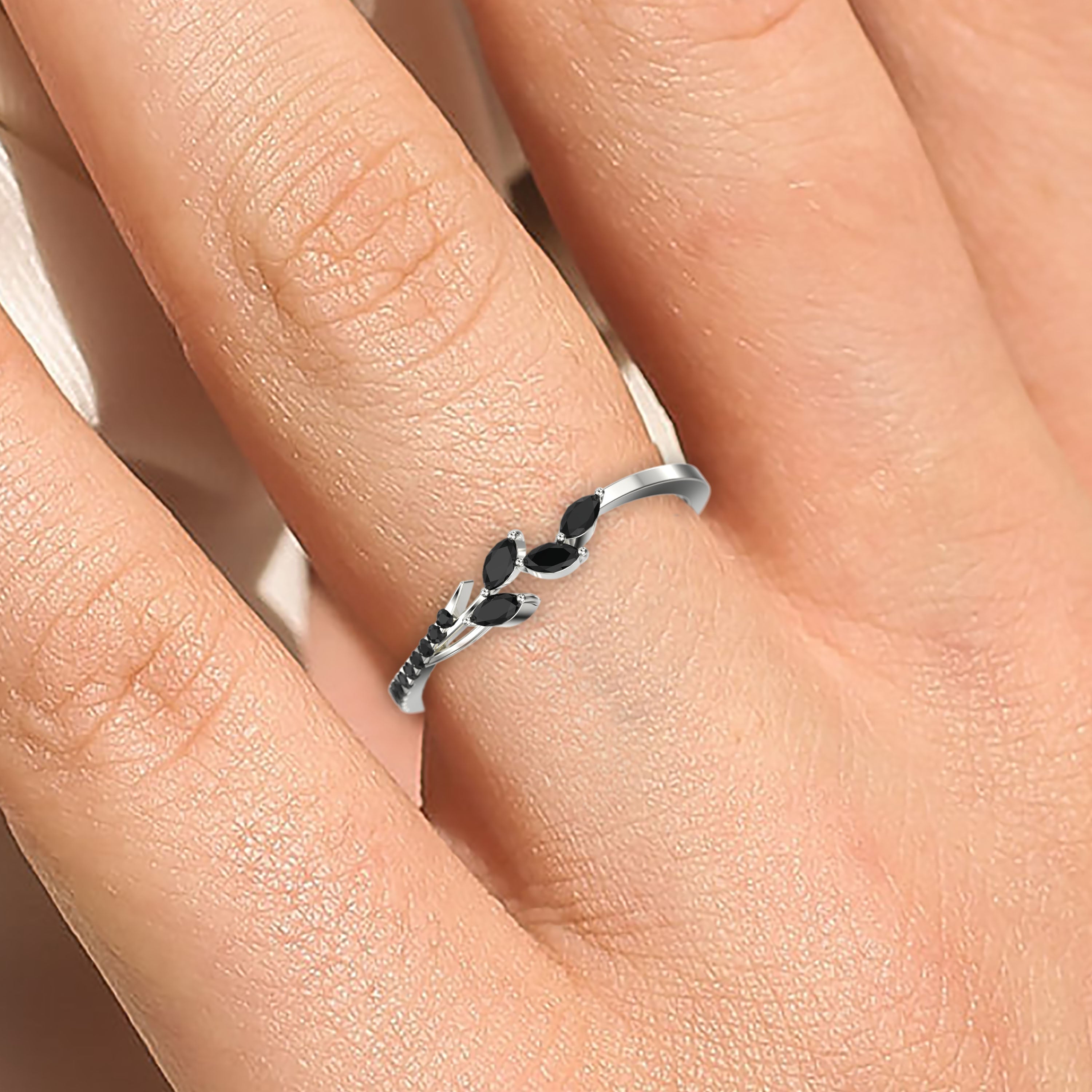 18K White Gold Over Silver Marquise Cut Black Diamond Moissanite Wedding Band P621353
