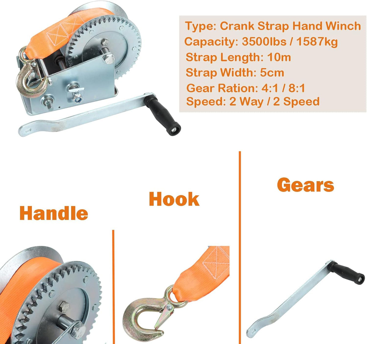 3500lbs Dual Gear Hand Winch Polyester Strap Pack of 2 N2293