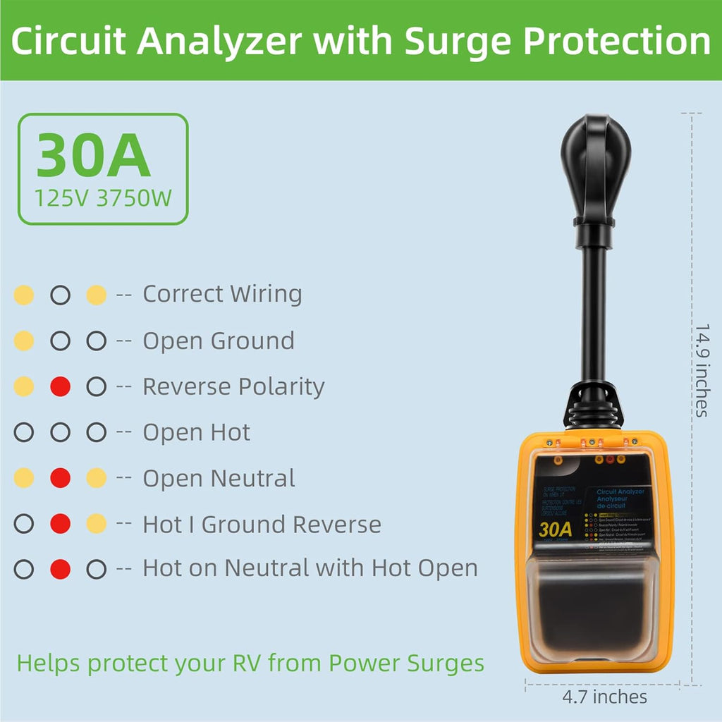 RV Surge Protector 30 Amp with Waterproof Cover, 1.5ft, Pack of 2 Q411