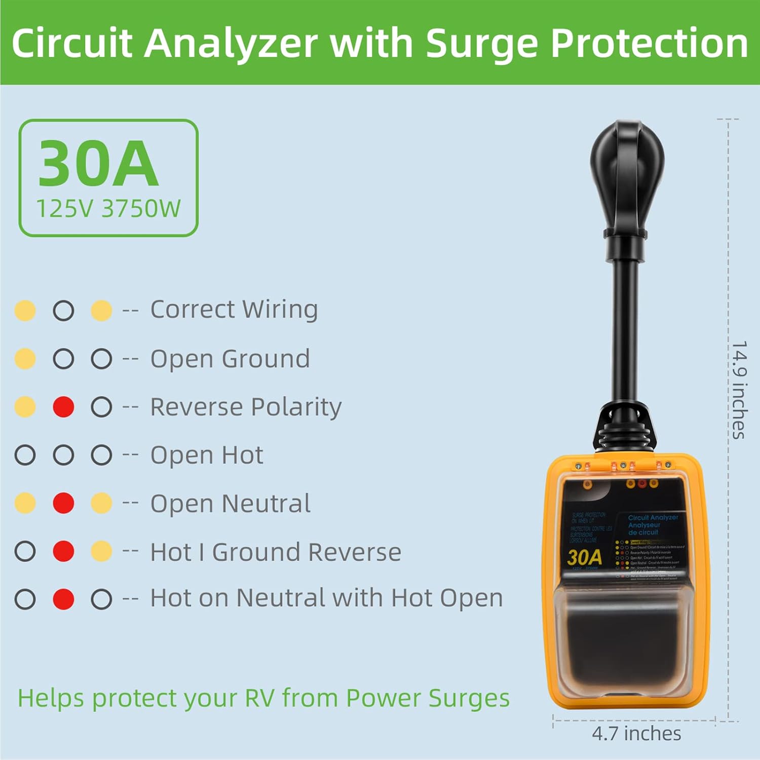 RV Surge Protector 30 Amp with Waterproof Cover, 1.5ft, Pack of 2 Q411