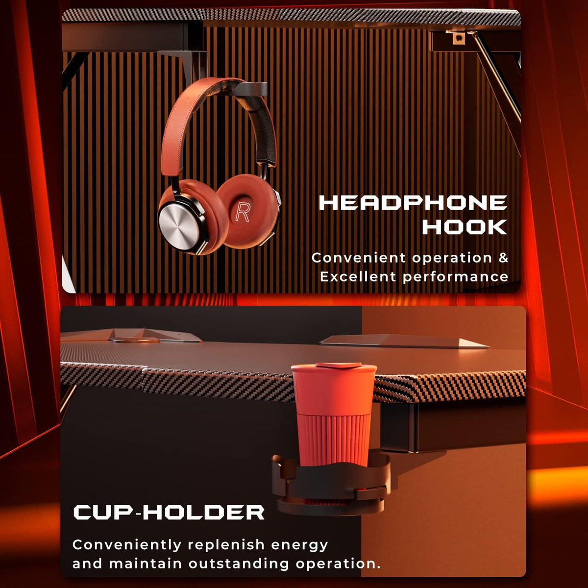 Black 44 Inch Gaming Desk with Cup Holder and Headphone Hook D328