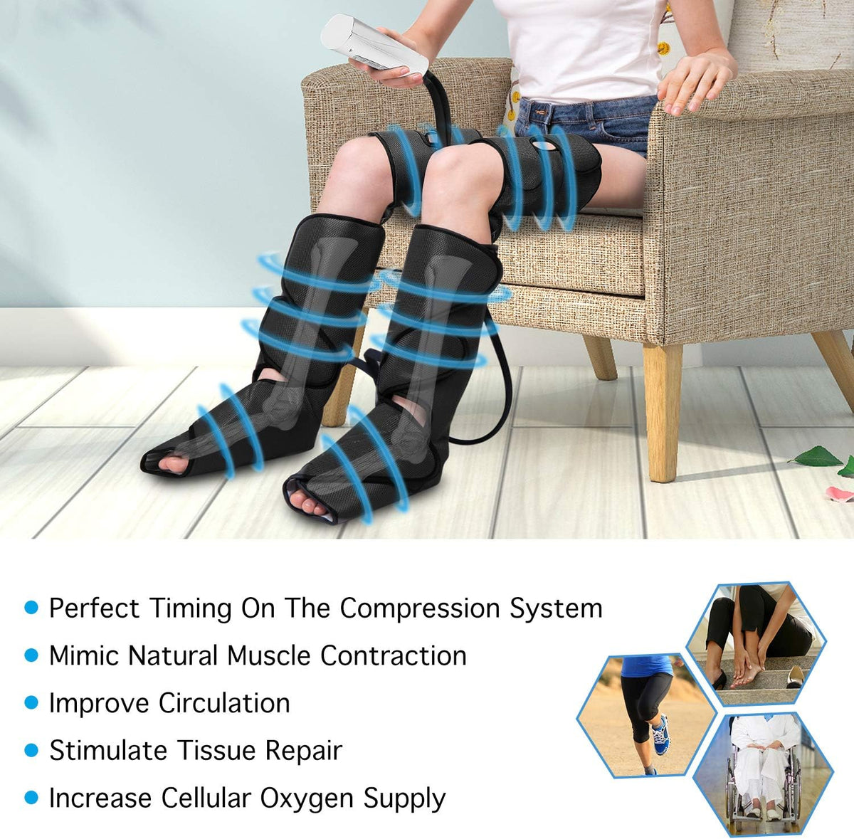 Leg Air Compression Massager with Portable Handheld Controller, 3 Modes & 3 Intensities (Black) P859