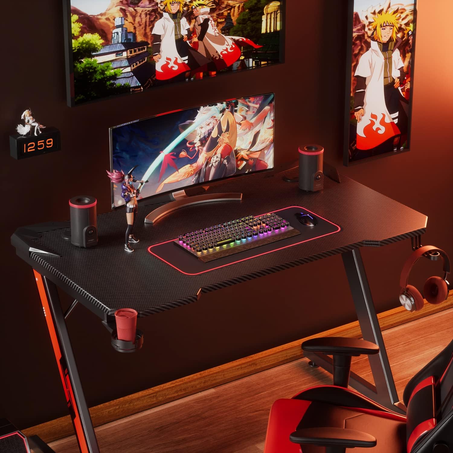 Black 44 Inch Gaming Desk with Cup Holder and Headphone Hook D328