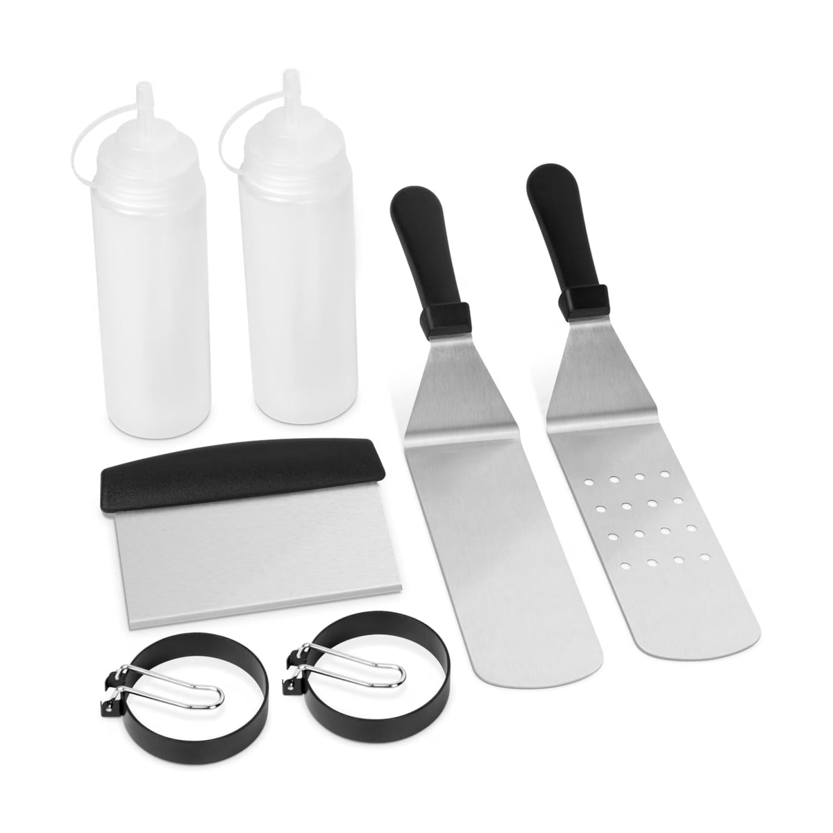 7 Pcs Griddle Accessory Set with Heat-Resistant Spatulas, Scraper, Squeeze Bottles, Egg Rings E2159