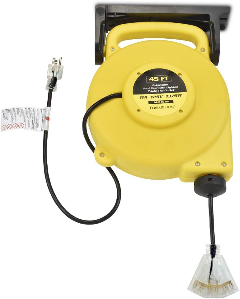 45 Ft Retractable Extension Cord Reel with 3 Electrical Outlets Heavy Duty Yellow Case Black Cable W974283