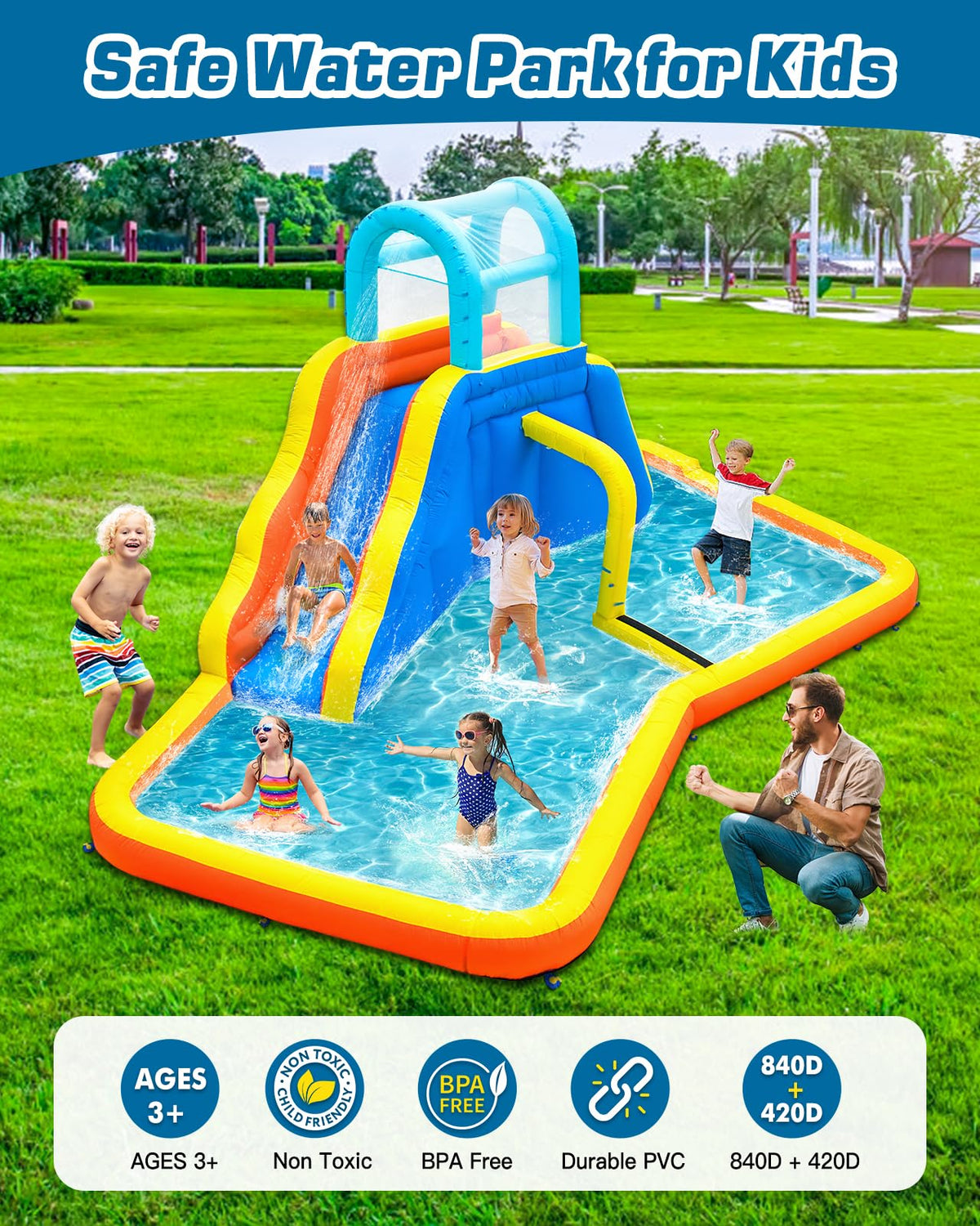 Inflatable Water Slide Park with Spray Pool, Bounce House with Climbing Wall and Blower M26094