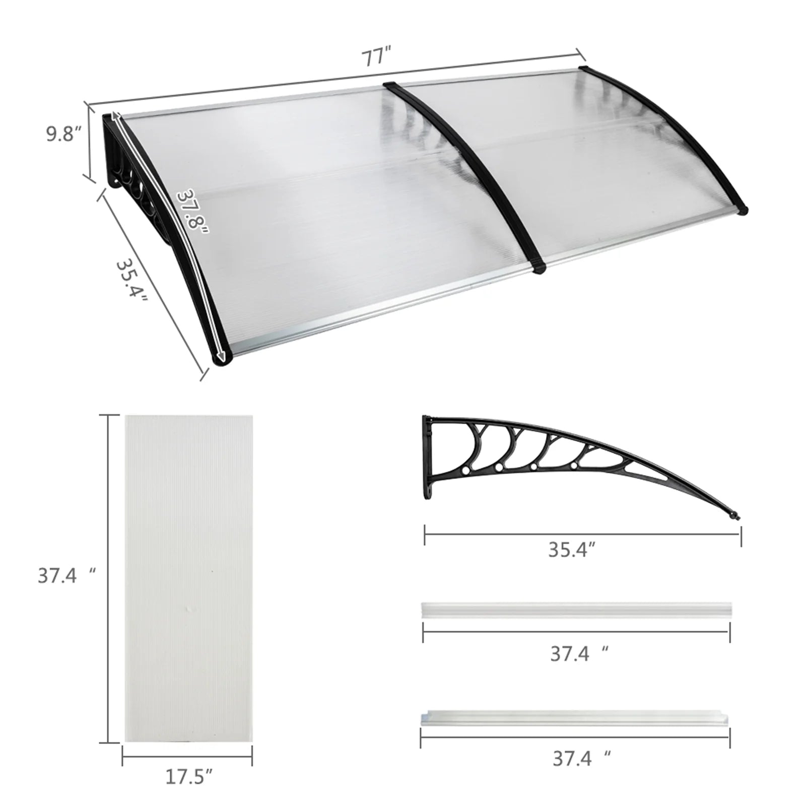 200 x 100 Clear Polycarbonate Rain Cover Eaves with Black ABS Bracket R204570