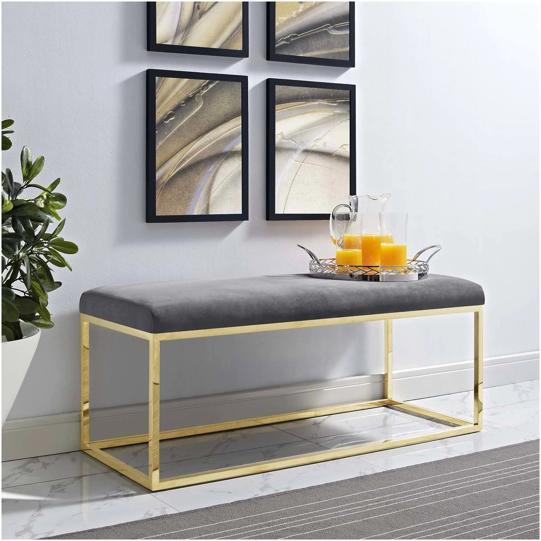 Gold Gray Fabric Bench T913419
