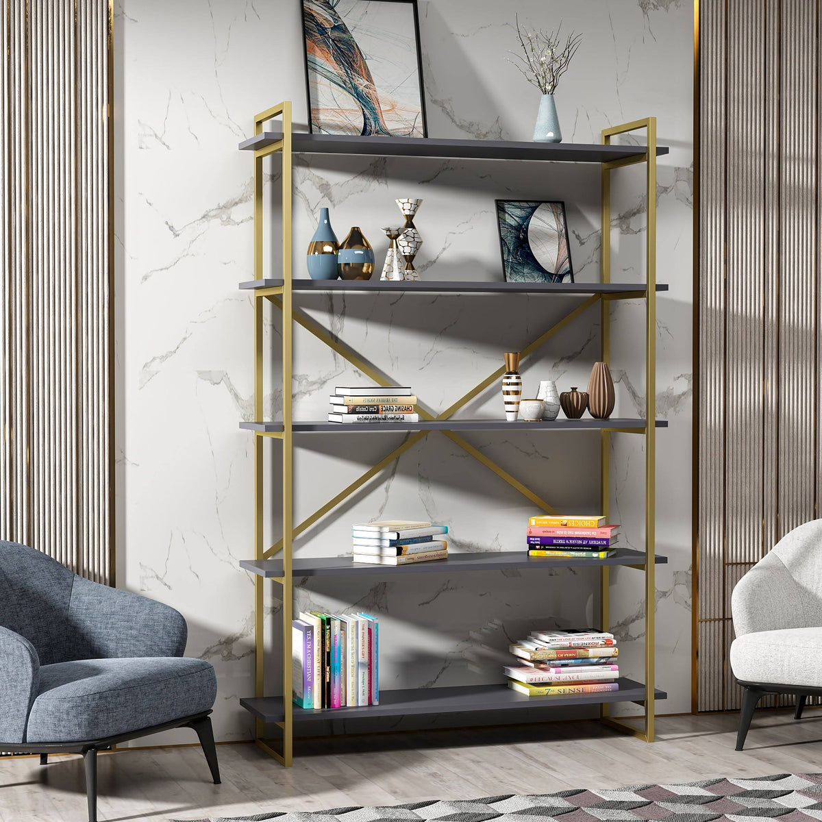 Modern Bookcase Anthracite Gold M66725