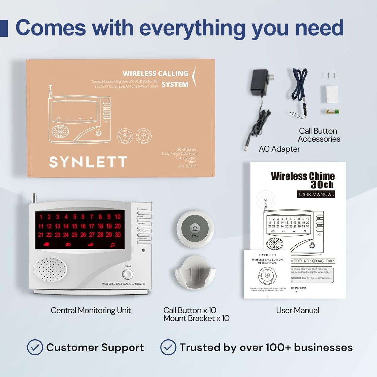 Wireless Calling System, 10 Waterproof Call Buttons with 1 Monitoring Unit, White Y3076