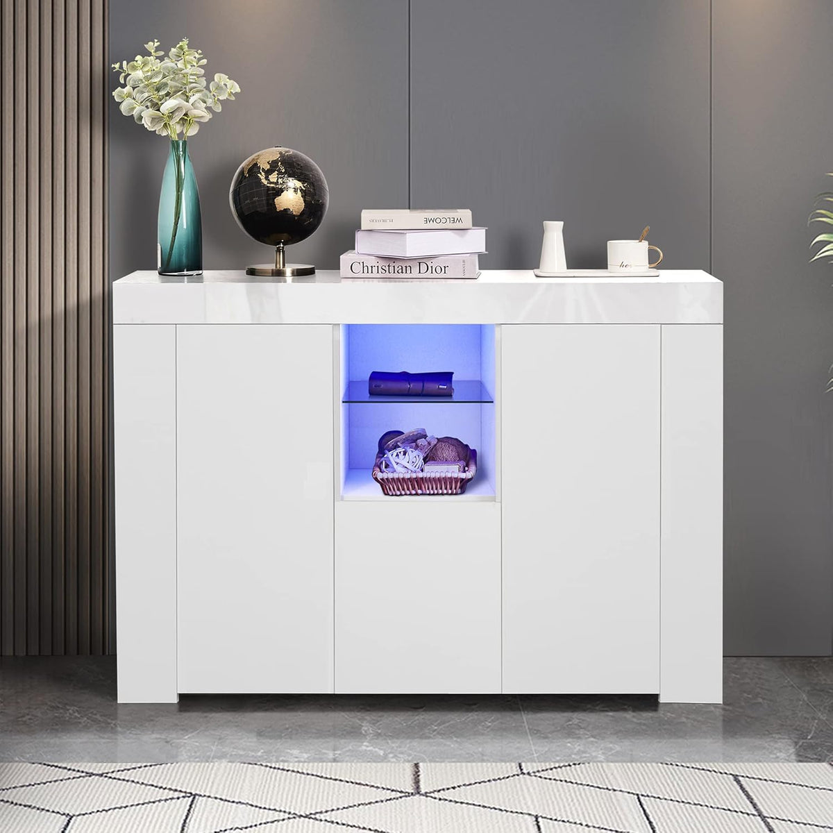 White 3 Door Sideboard Buffet Storage Cabinet with LED Light F919