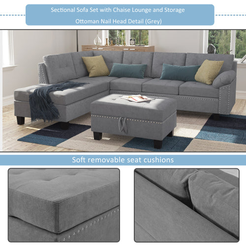 Grey Sectional Sofa Set with Chaise Lounge and Storage Ottoman O620763