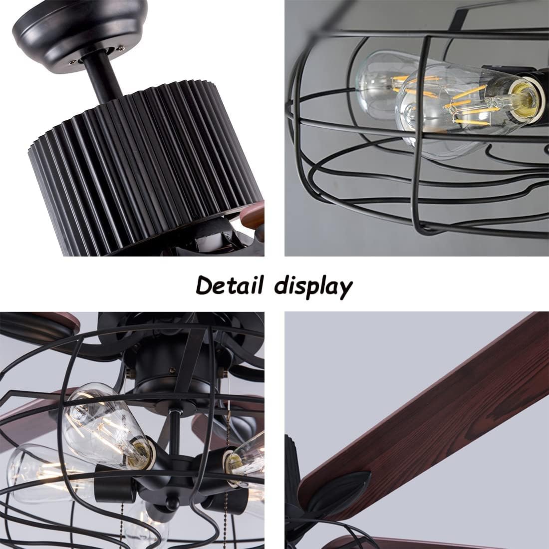 Black Industrial Ceiling Fan with Light and Remote, 5 Wood Blades, 5-Lights E26 B75632