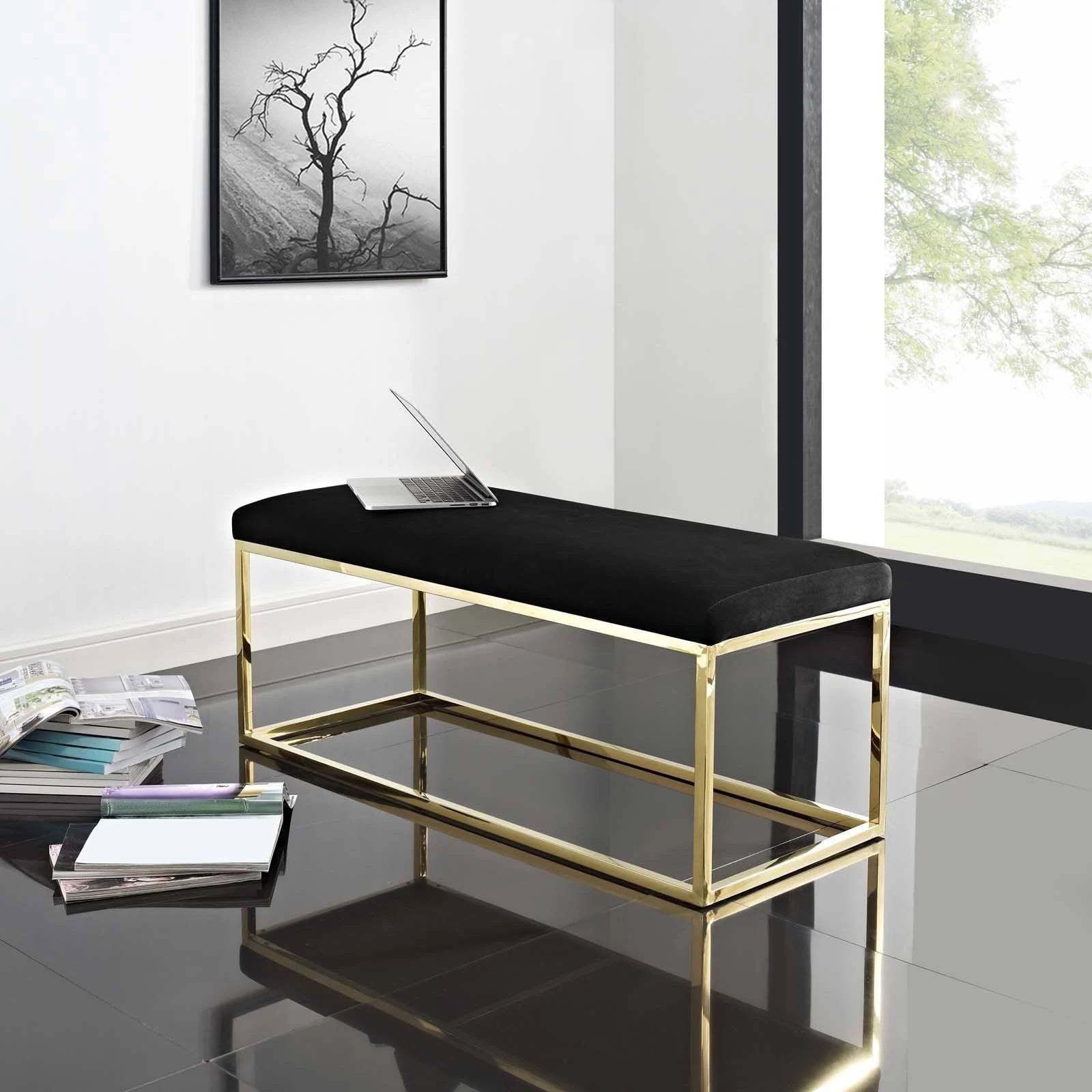 Gold Gray Fabric Bench T913419