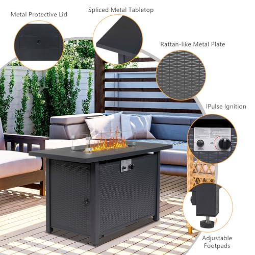 43 Inch Propane Fire Pit Table with Lid and Metal Tabletop, 50,000 BTU Gas Fire Pit Table with 6.6 Pounds Lava Stones L874