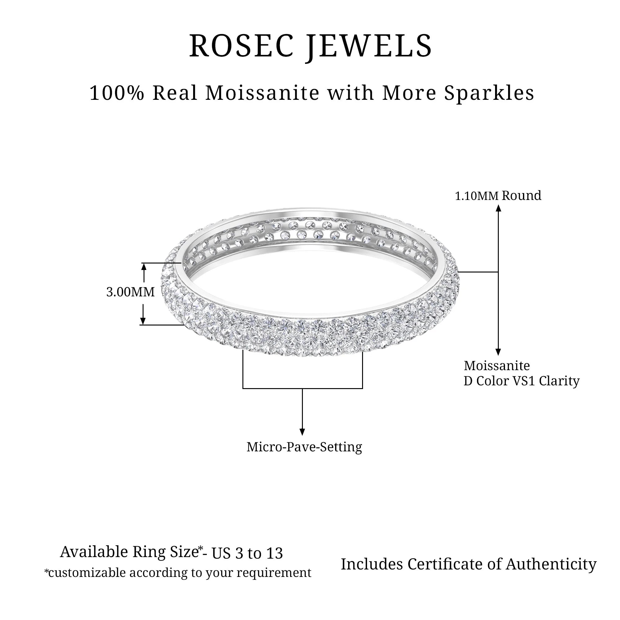Micro Pave 1.75 CT Moissanite Full Eternity Ring 925 Sterling Silver US 7.00 R723546