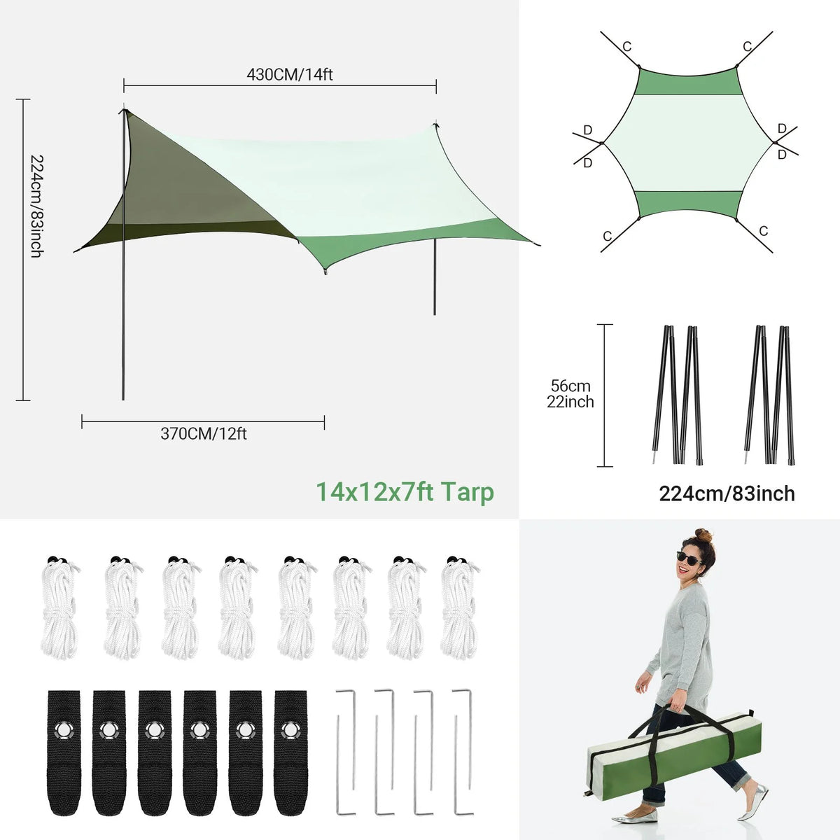 12 x 14ft Waterproof Camping Tent Tarp with 2 Poles M163449