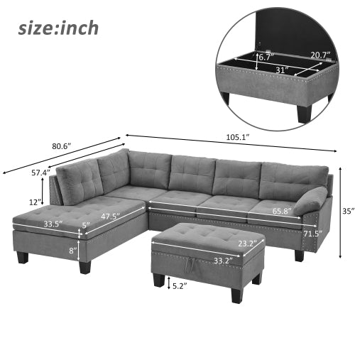 Grey Sectional Sofa Set with Chaise Lounge and Storage Ottoman O620763