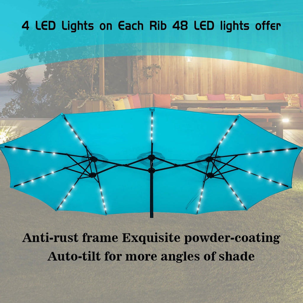 15ft Double-Sided Patio Solar Umbrella with Tilt and Crank, Blue V612