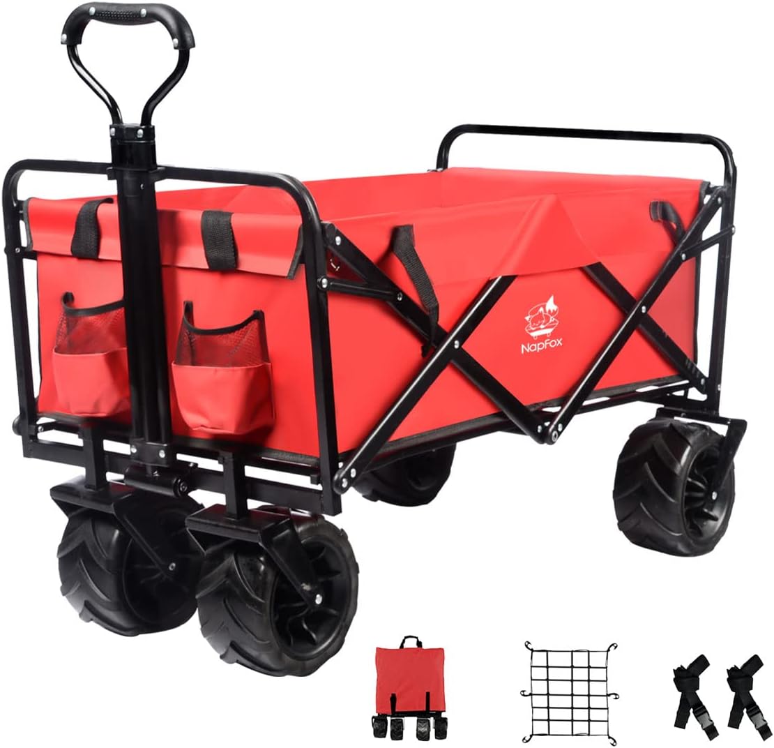 Red Heavy Duty Folding Beach Wagon Cart with Universal Wheels Adjustable Handle J451353