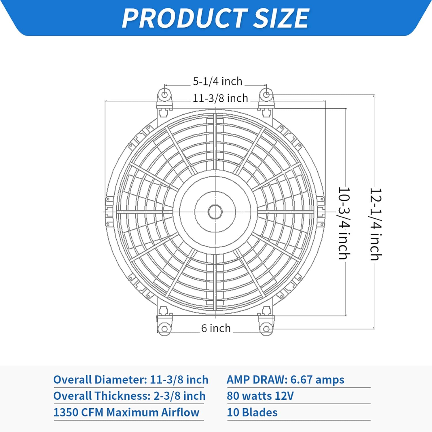 2x10 Inch Electric Radiator Cooling Fan 1350 CFM 12 Volts 80 Watts Pack of 2 X670210