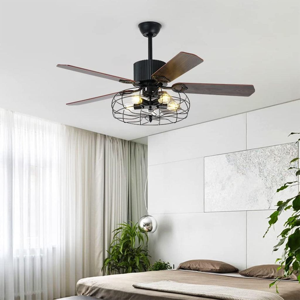 Black Industrial Ceiling Fan with Light and Remote, 5 Wood Blades, 5-Lights E26 B75632