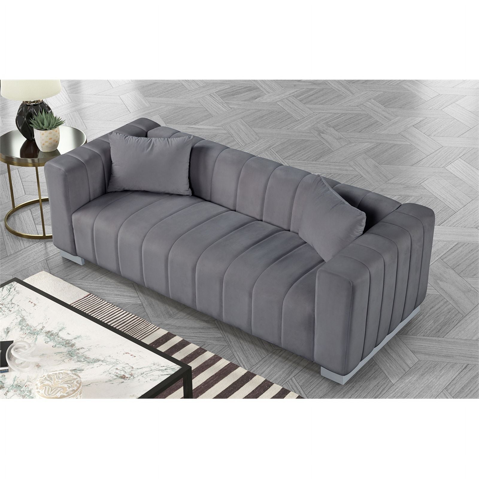 Gray Velvet Fabric Sofa and 2 Armchairs Set Q2690