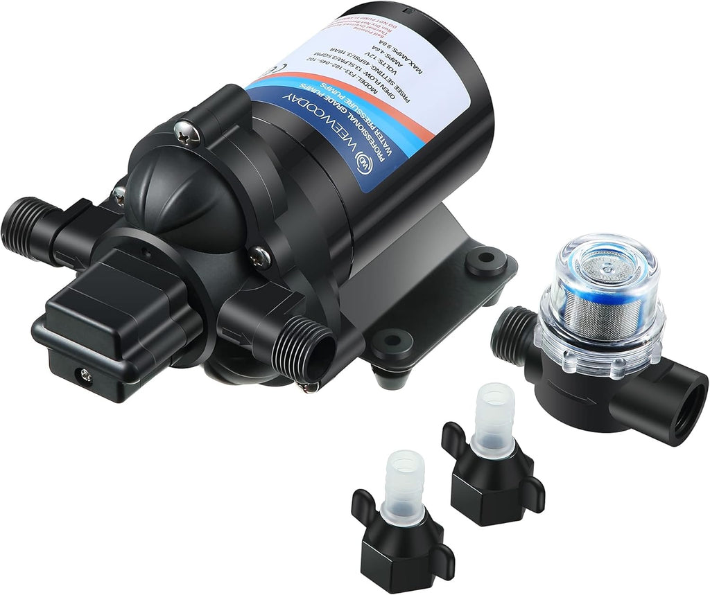 Diaphragm Water Pump 12V with Pressure Switch 3.5 GPM 45 PSI Self Priming RV DC Washdown Pump with Fittings Strainer Filter F724
