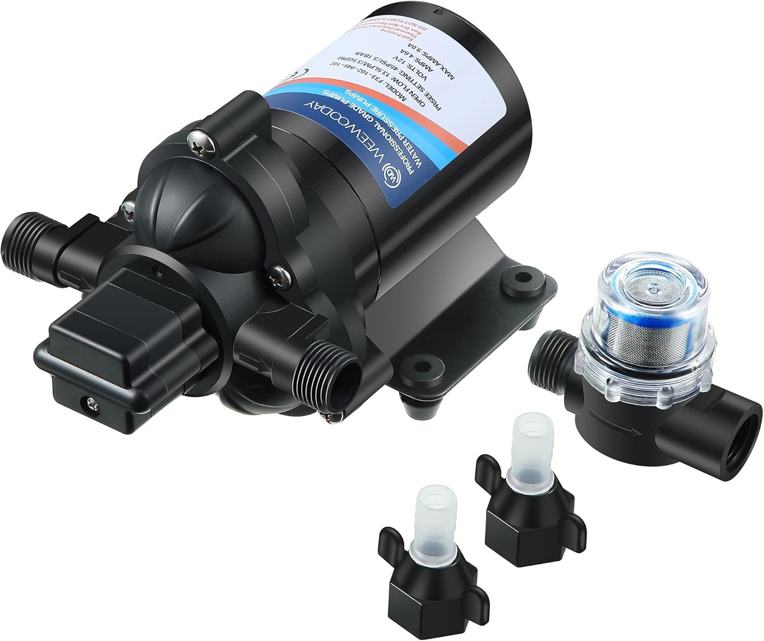 Diaphragm Water Pump 12V with Pressure Switch 3.5 GPM 45 PSI Self Priming RV DC Washdown Pump with Fittings Strainer Filter F724