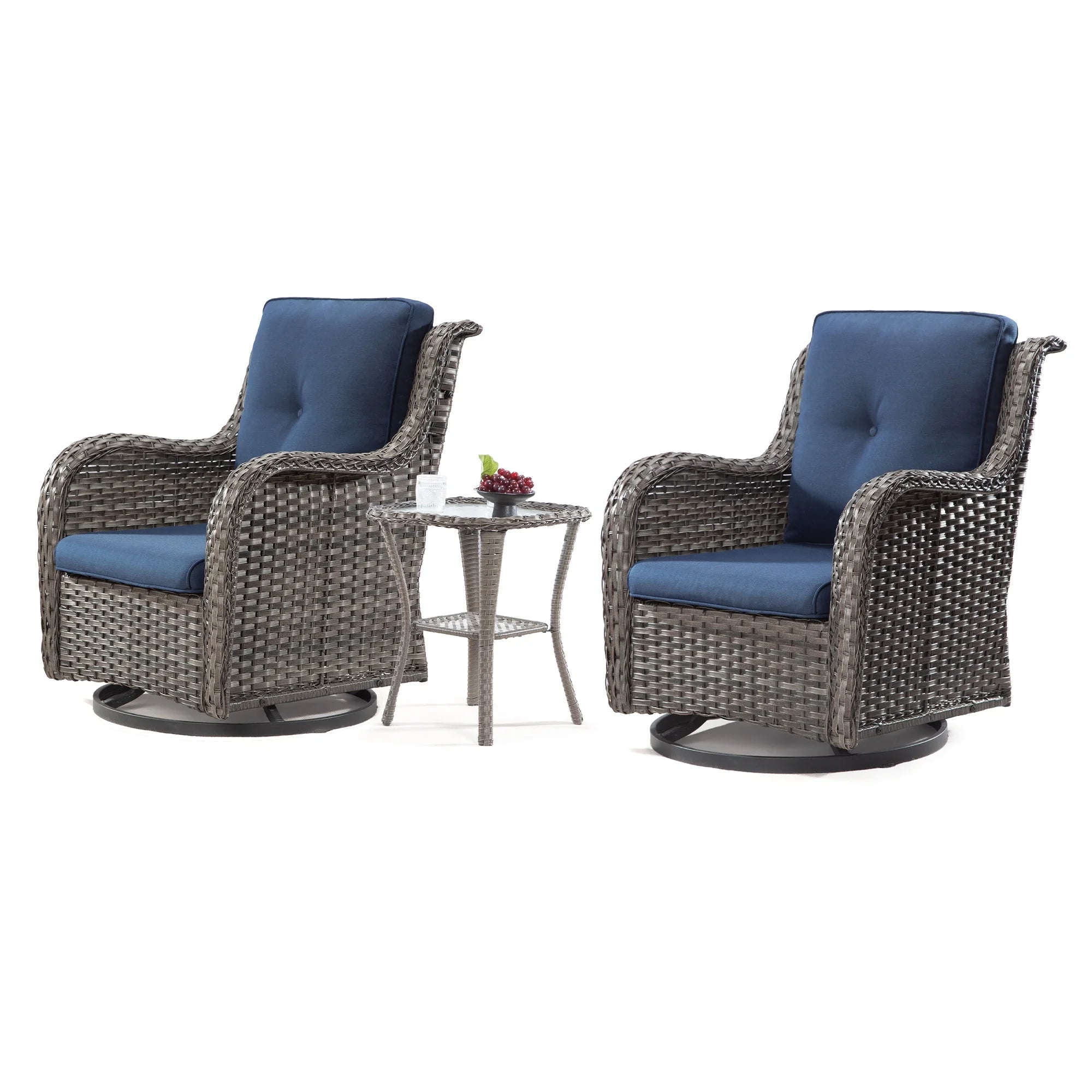 Blue Wicker Patio Swivel Rocker Chairs Set of 2 with Table J733398