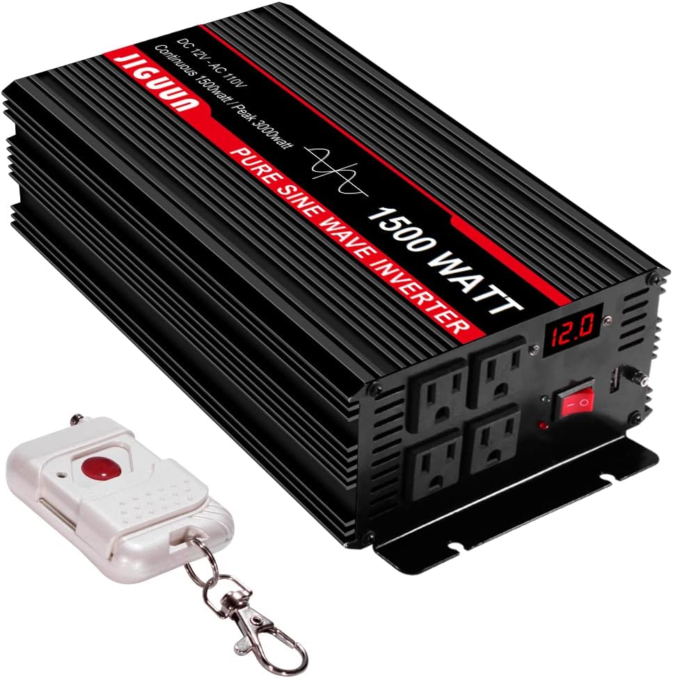 Pure Sine Wave Inverter 1500 Watt DC 12V to AC 120V with LCD, 4 AC Outlets & USB Output, 170ft Wireless Control C385