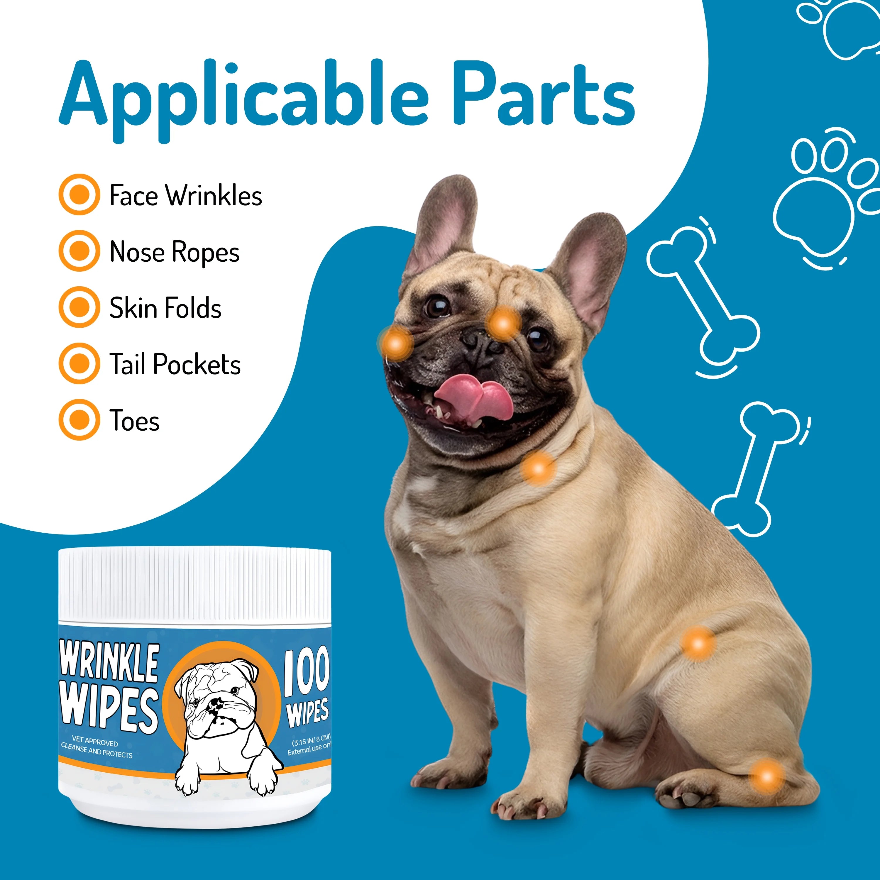 100 Count Dog Wrinkle Wipes for French Bulldog, English Bulldog, Pugs P166531