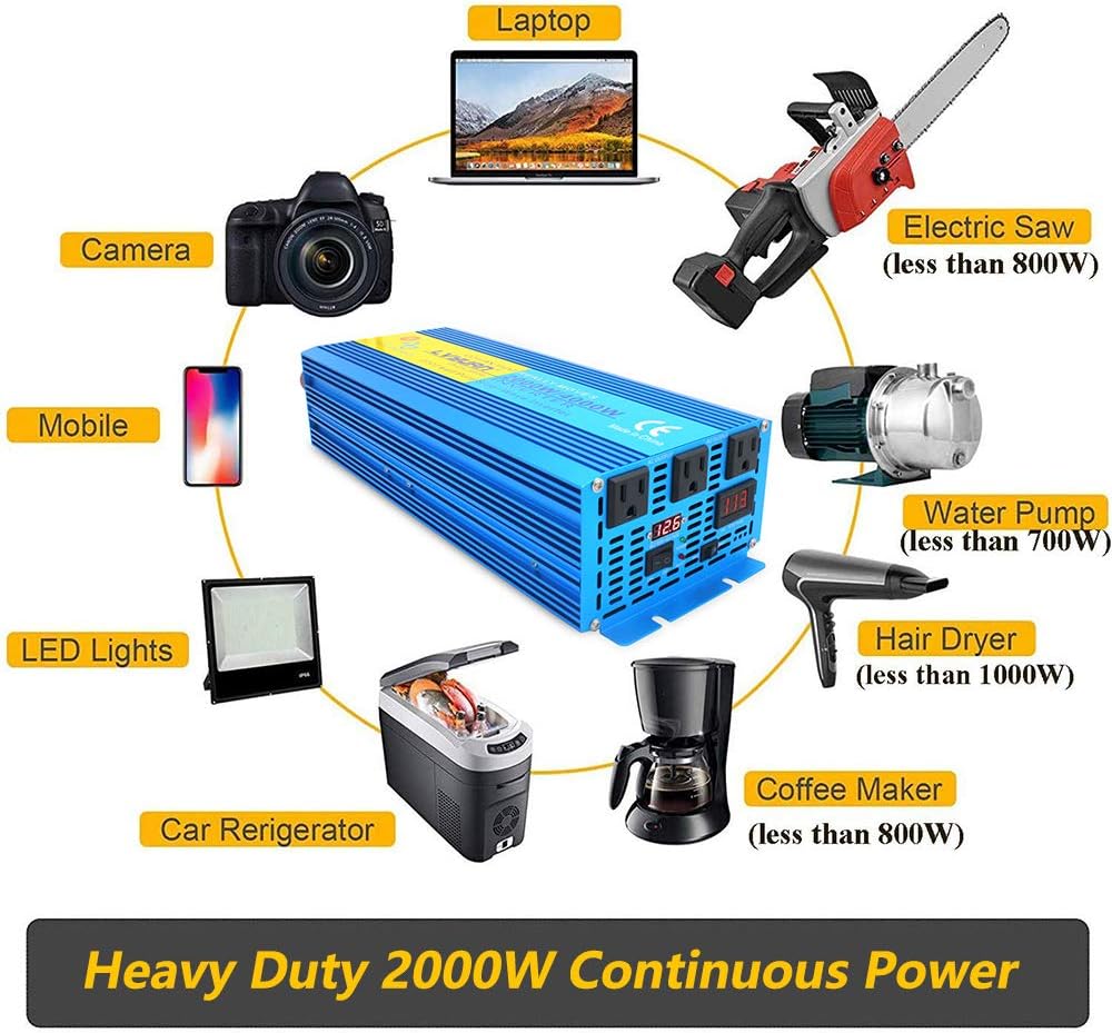 2000W Pure Sine Wave Power Inverter 12V DC to 110V AC with LED Display 3 AC Outlets Y13000