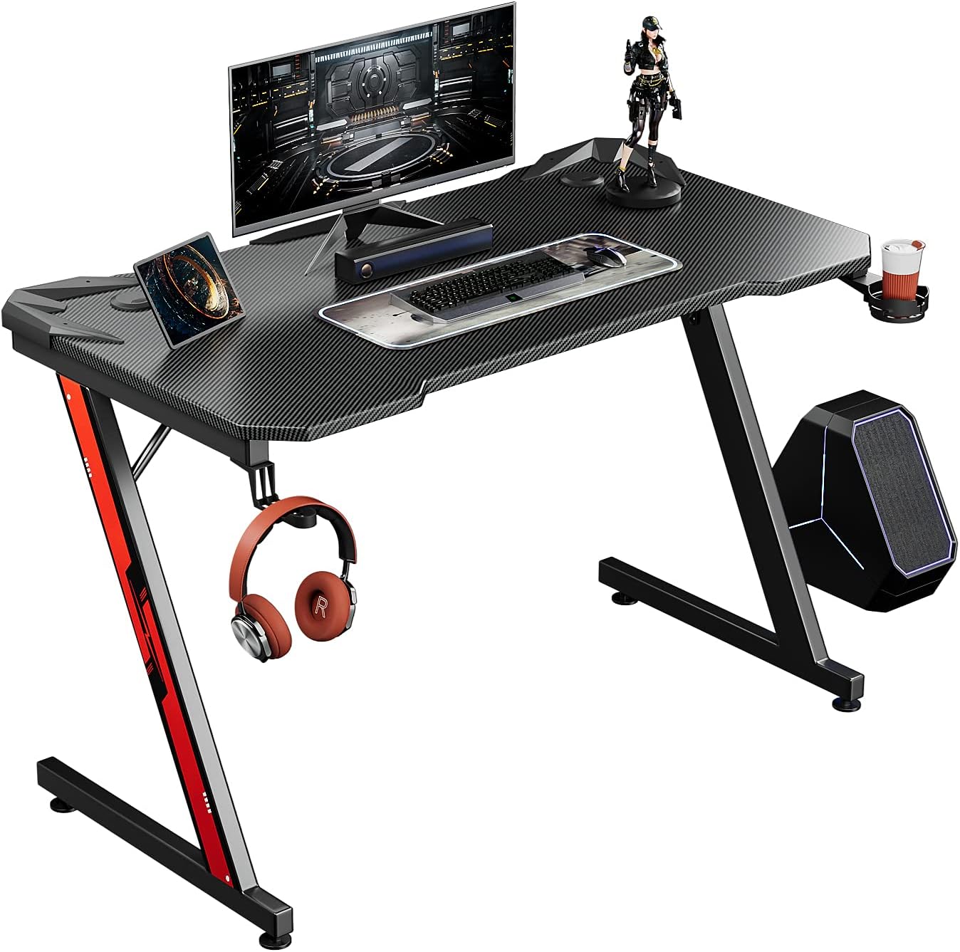 Black 44 Inch Gaming Desk with Cup Holder and Headphone Hook D328