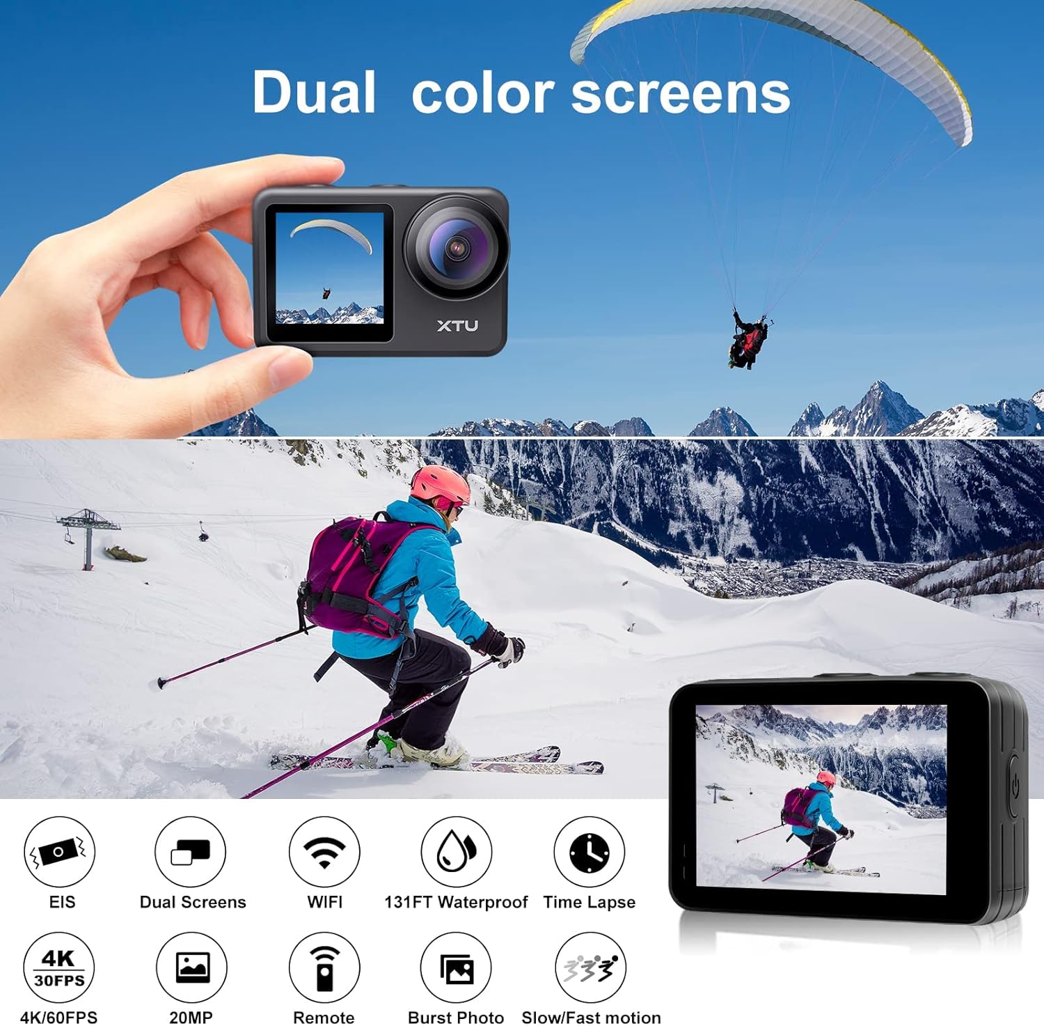 4K60FPS WiFi Action Camera with Dual Touch Screen Display T950650
