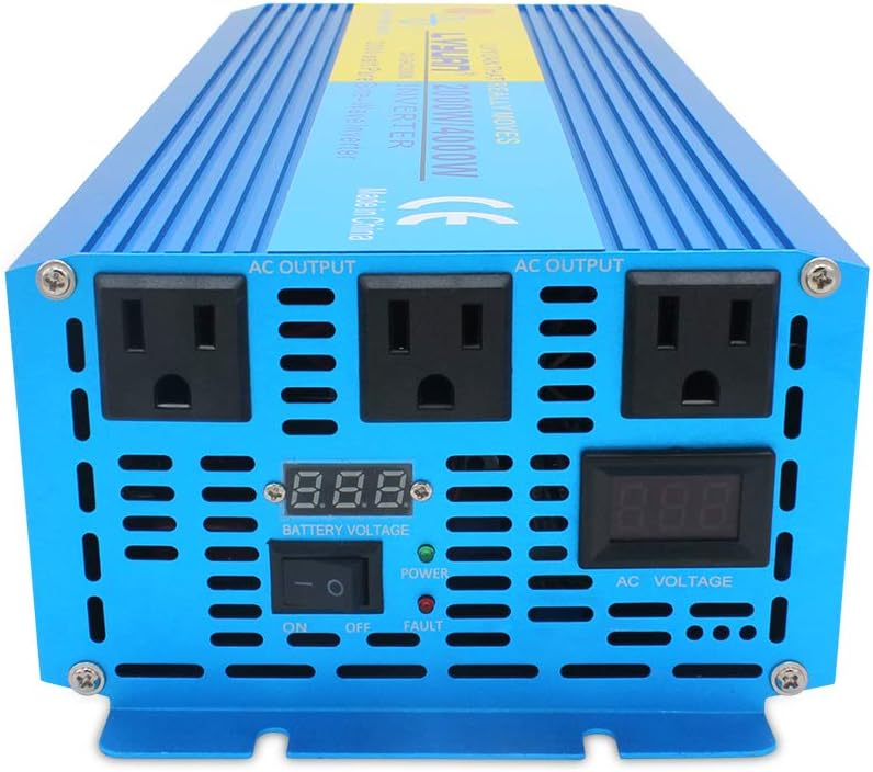 2000W Pure Sine Wave Power Inverter 12V DC to 110V AC with LED Display 3 AC Outlets Y13000
