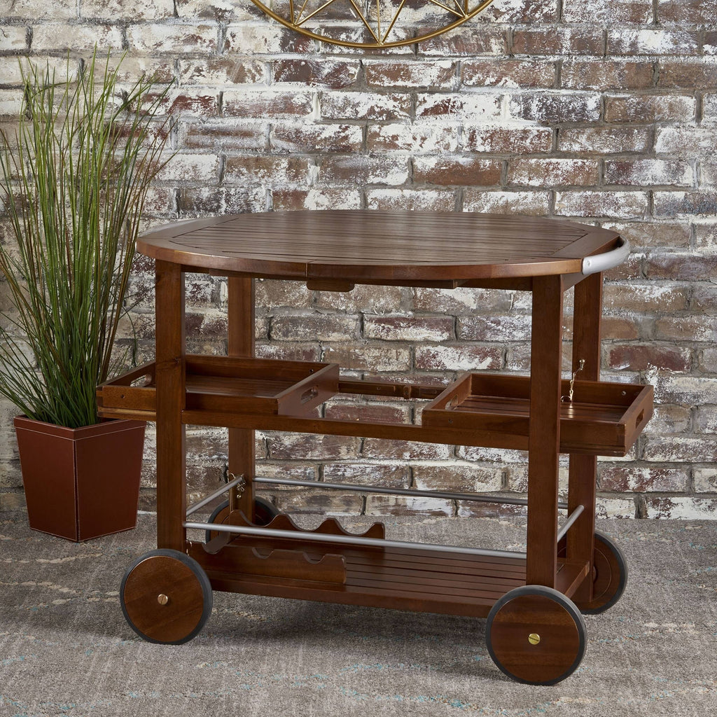 Farmhouse Cottage Acacia Wood Bar Cart with Drop Leaf X138