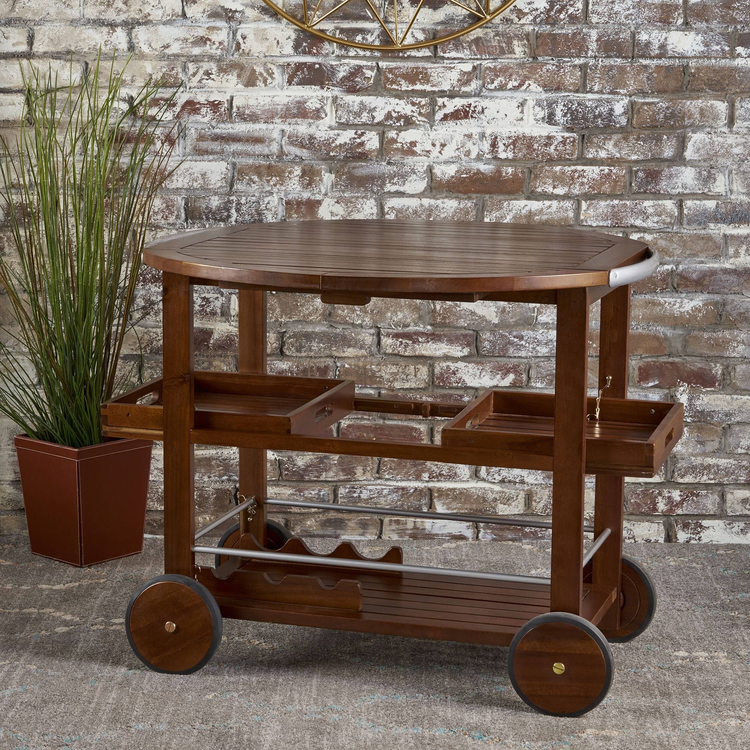 Farmhouse Cottage Acacia Wood Bar Cart with Drop Leaf X138