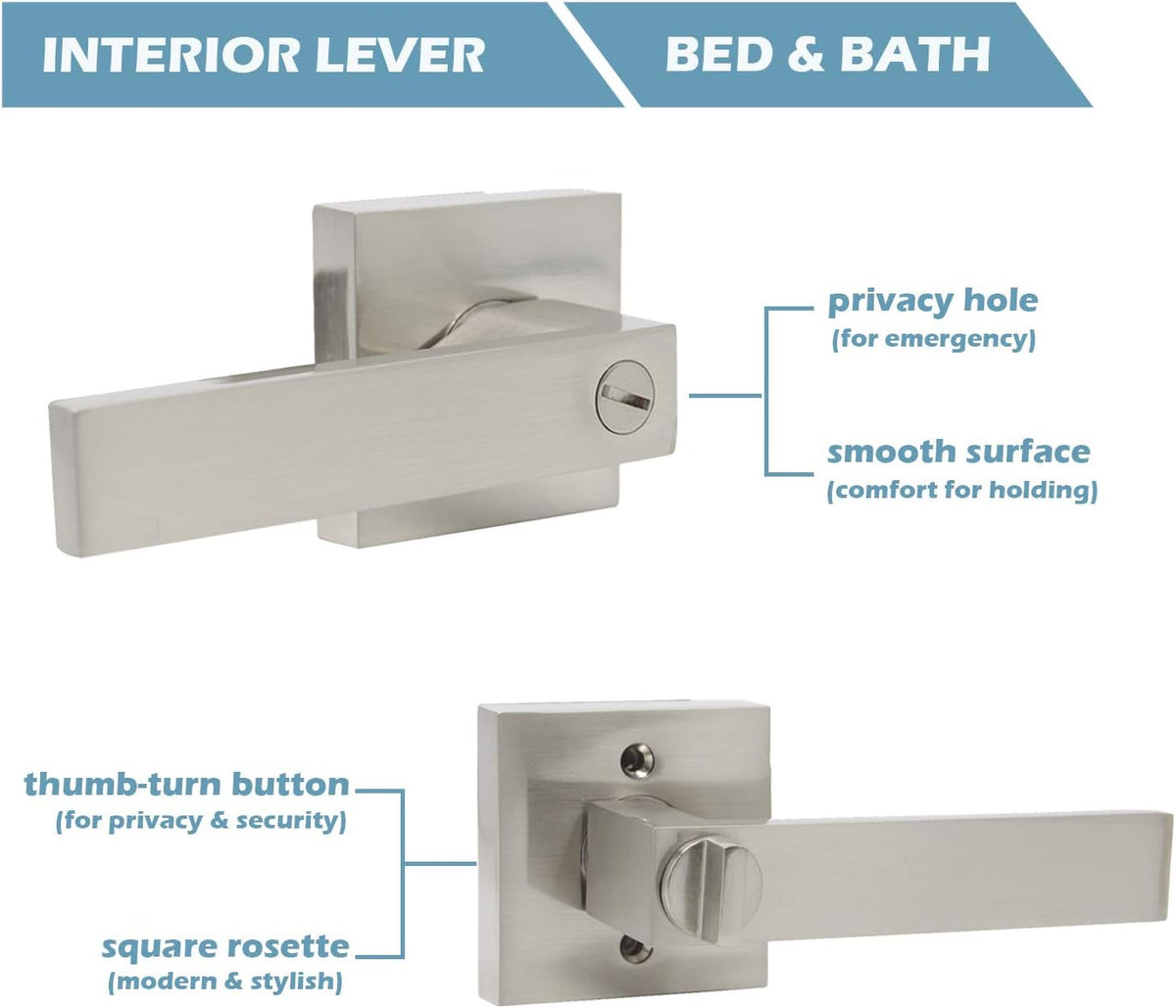 Satin Nickel Square Privacy Door Handles Leverset Lockset 10Pack D7634